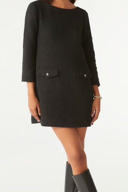 BA&SH Auxane Dress Black NWT Tweed Long Sleeve Button Back Mini Women's 4/US XL