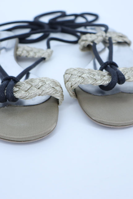 STELLA MCCARTNEY Gladiator Sandals Taupe Black Braided Lace Women's 37.5/US 7.5