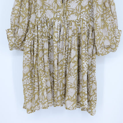 Daughters of India Kyra Mini Dress Olive Green Cotton Floral Print Women's M