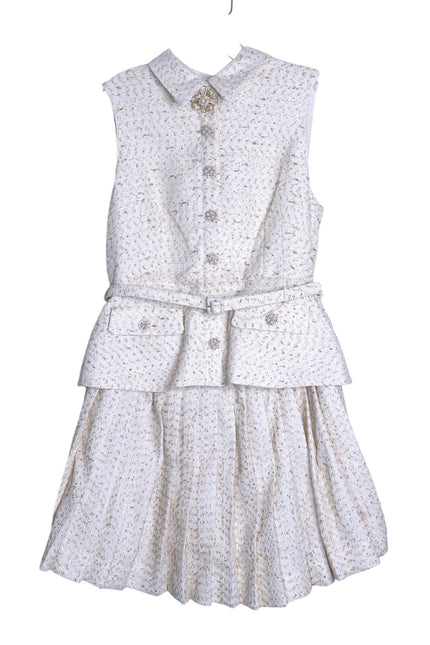 SELF-PORTRAIT Cream Metallic Bouclé Mini Dress Sleeveless Belted Women's 10