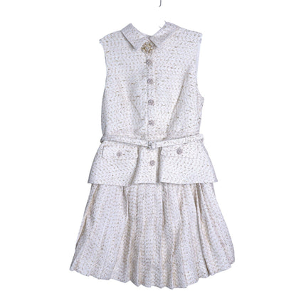 SELF-PORTRAIT Cream Metallic Bouclé Mini Dress Sleeveless Belted Women's 10