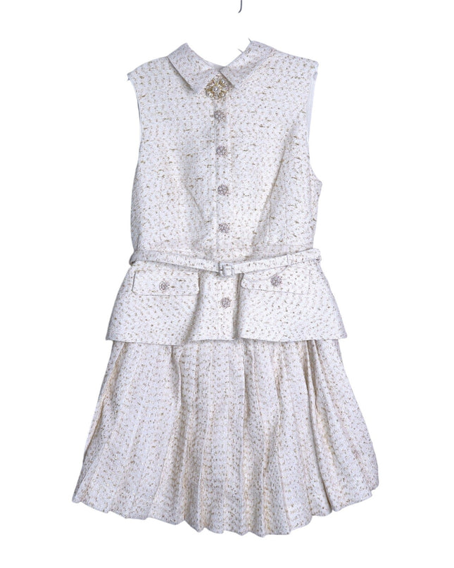 SELF-PORTRAIT Cream Metallic Bouclé Mini Dress Sleeveless Belted Women's 10