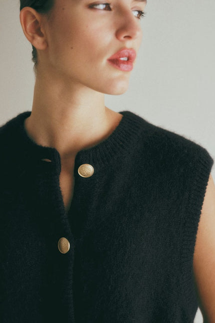 SEZANE Sacha Sweater Vest Cardigan Black w/ Gold Button Wool Blend Women's M