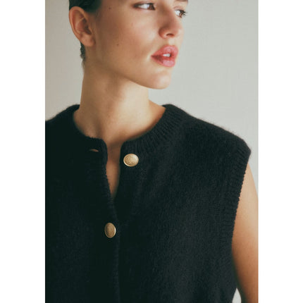 SEZANE Sacha Sweater Vest Cardigan Black w/ Gold Button Wool Blend Women's M