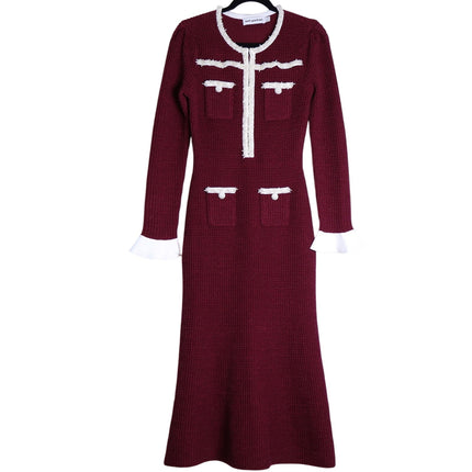 Self-Portrait Burgundy Pearl Trim Knit Midi Dress Long Sleeve Women's M