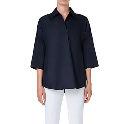 Akris Punto Elements Kimono Sleeve Blouse Navy Split Neck Popover Women's 10