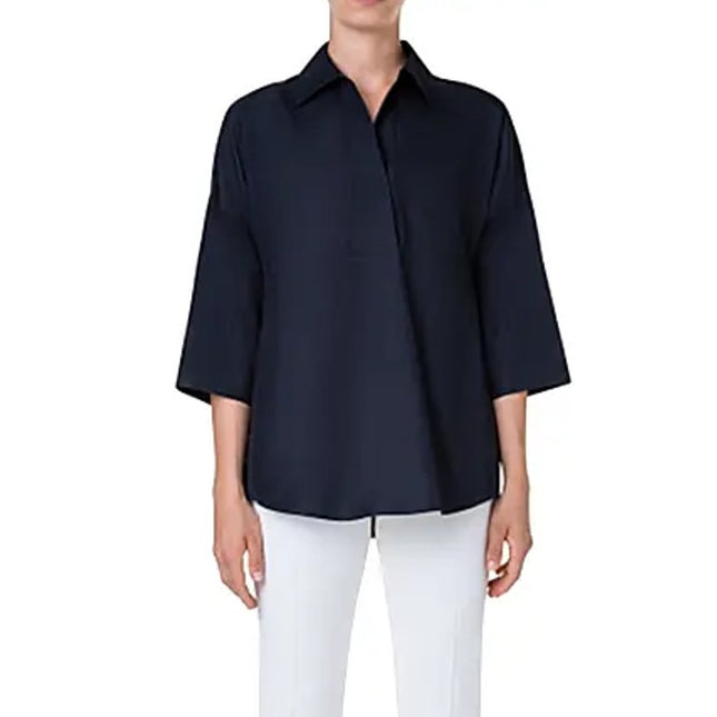 Akris Punto Elements Kimono Sleeve Blouse Navy Split Neck Popover Women's 10