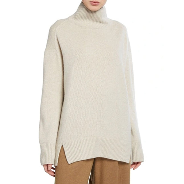Vince Cashmere Double Slit Turtleneck Sweater Biscuit Beige Oversized Women's XS