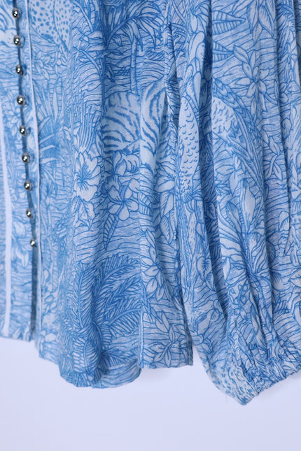 MISS JUNE Mona Button Up Blouse Blue Printed Cotton Short Sleeve Women's S/M
