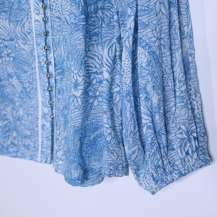 MISS JUNE Mona Button Up Blouse Blue Printed Cotton Short Sleeve Women's S/M