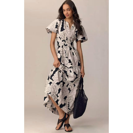 By Anthropologie Somerset Maxi Dress Floral Light Sand NWT Popover Women's XS