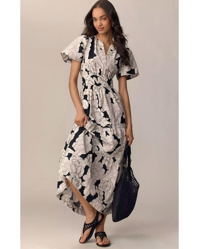 By Anthropologie Somerset Maxi Dress Floral Light Sand NWT Popover Women's XS