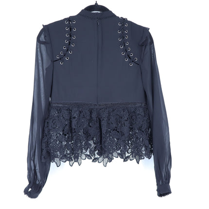 Self-Portrait Floral Guipure Blouse Black Lace Up Long Sleeve Women's 2