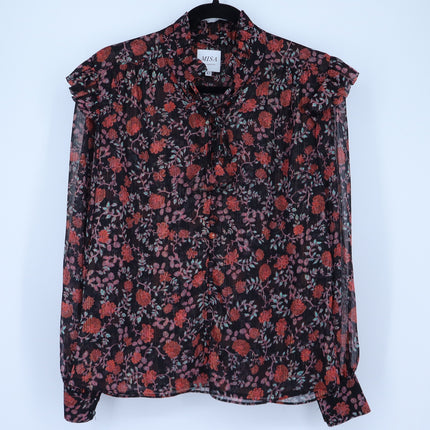 Misa Analeigh Floral Blouse Black Ruffled Button Up Long Sleeve Top Women's XS