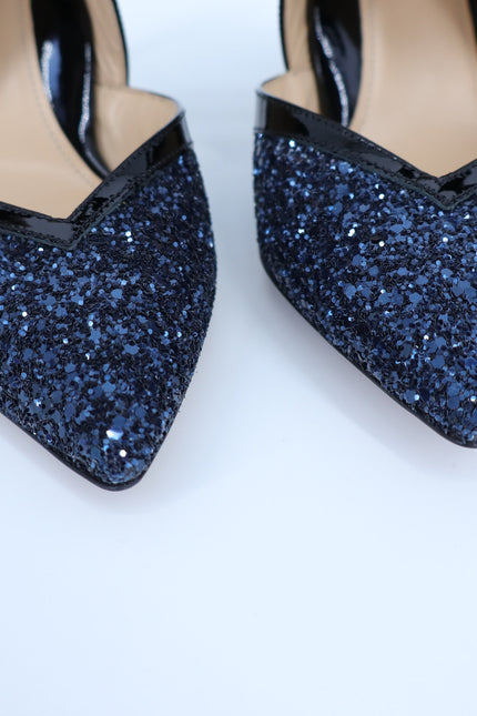 MARION PARKE Molly Glitter Heel Pumps Blue Iris NIB Pointed Toe Women's 37/US 7