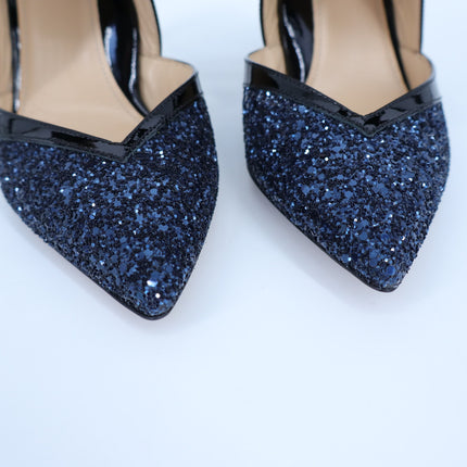 MARION PARKE Molly Glitter Heel Pumps Blue Iris NIB Pointed Toe Women's 37/US 7
