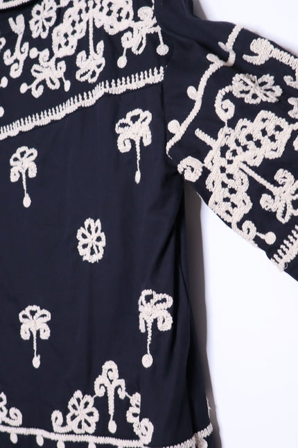 MAEVE Short Sleeve Collared Mini Shirt Dress Black Embroidered Casual Women's XS
