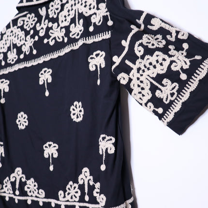 MAEVE Short Sleeve Collared Mini Shirt Dress Black Embroidered Casual Women's XS