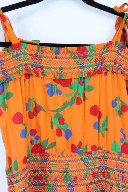 TORY BURCH Printed Smocked Dress Orange Floral Floral Tie Strap Women's S