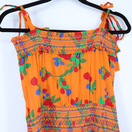 TORY BURCH Printed Smocked Dress Orange Floral Floral Tie Strap Women's S
