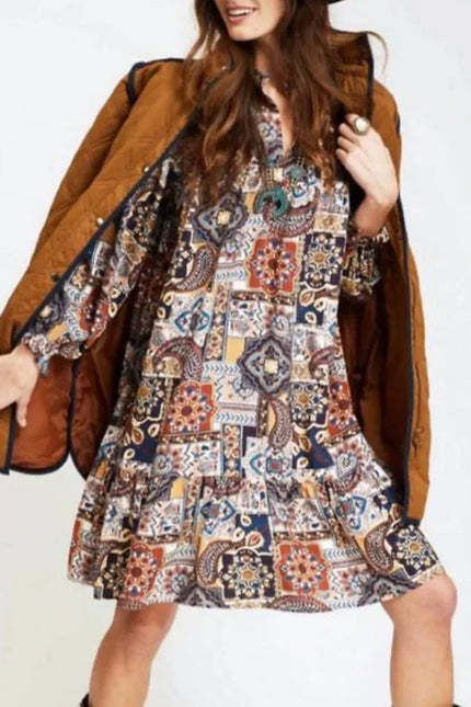 TYLER BOE Michelle Patchwork Mini Dress Brown Multi NWT Popover Ruffle Women's M