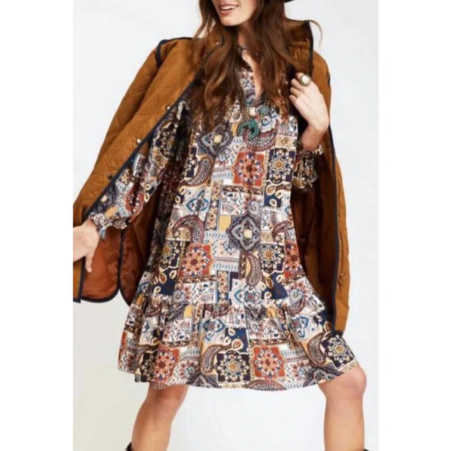 TYLER BOE Michelle Patchwork Mini Dress Brown Multi NWT Popover Ruffle Women's M