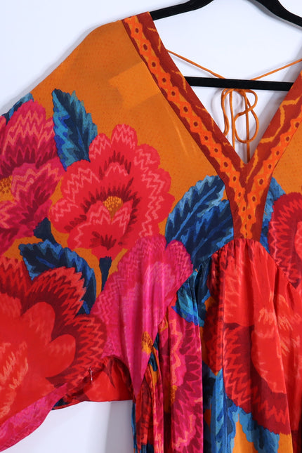 FARM RIO Long Sleeve V Neck Mini Dress Orange Floral Kimono Women's M