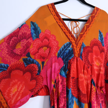 FARM RIO Long Sleeve V Neck Mini Dress Orange Floral Kimono Women's M