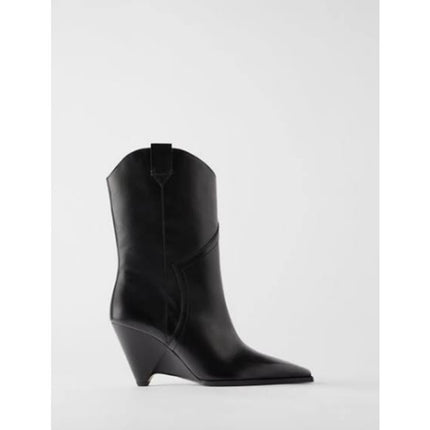 Zara Leather Cowboy Boots Black Heeled Pointed Toe Women's 40/US 9