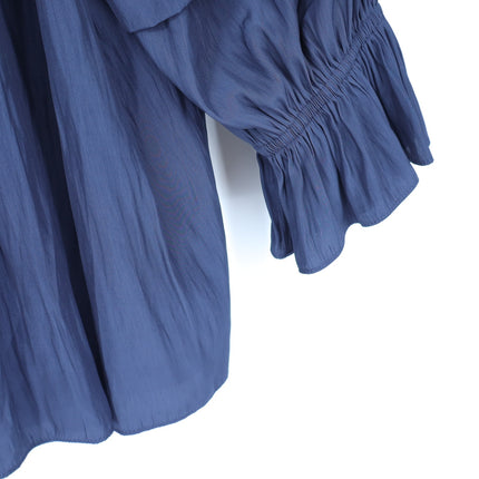 Ramy Brook Randi Puff Sleeve Top Navy Blue Split Tie Neck Satin Women's M