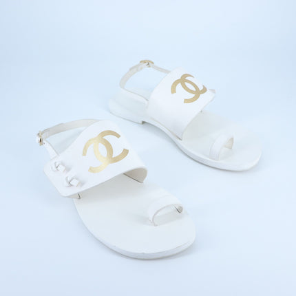 Chanel Interlocking CC Logo Leather Sandal White Slingback Women's 36/US 5.5
