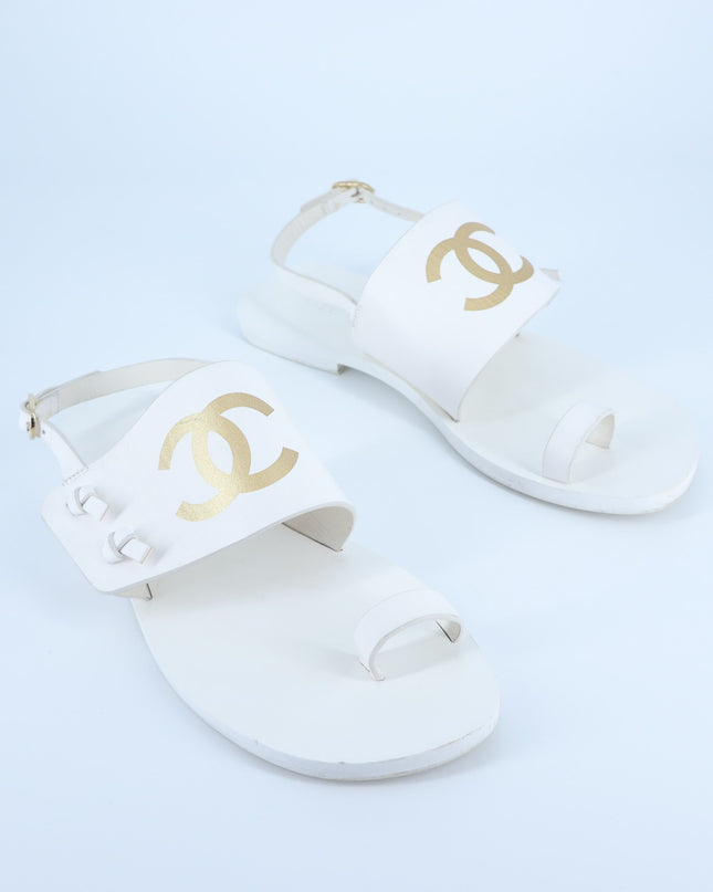 Chanel Interlocking CC Logo Leather Sandal White Slingback Women's 36/US 5.5