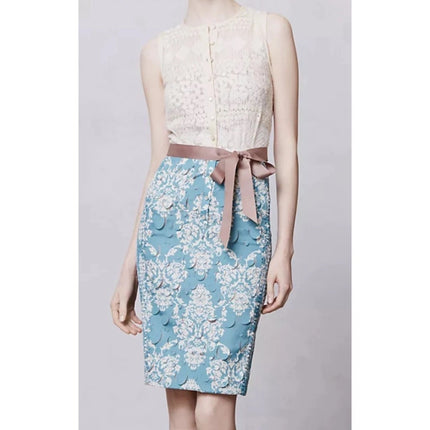 Beguile by Bryon Lars Motif Lace Sheath Dress Cream Blue NWT Belted Women's 0