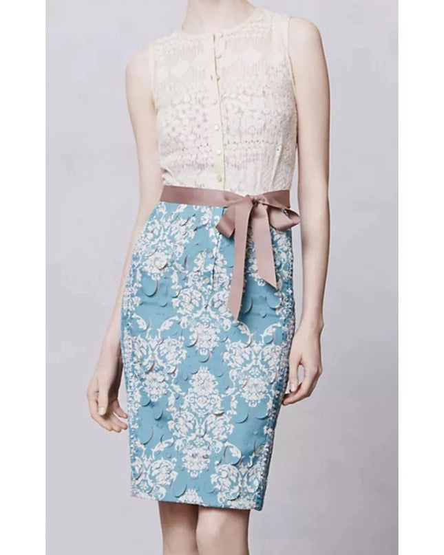 Beguile by Bryon Lars Motif Lace Sheath Dress Cream Blue NWT Belted Women's 0