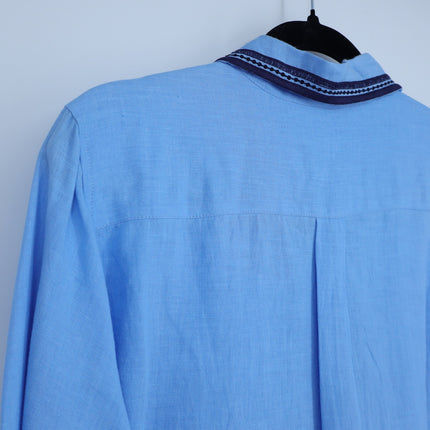 Jupe by Jackie Hand Embroidered Linen Shirt Blue Button Up Long Sleeve Women's L