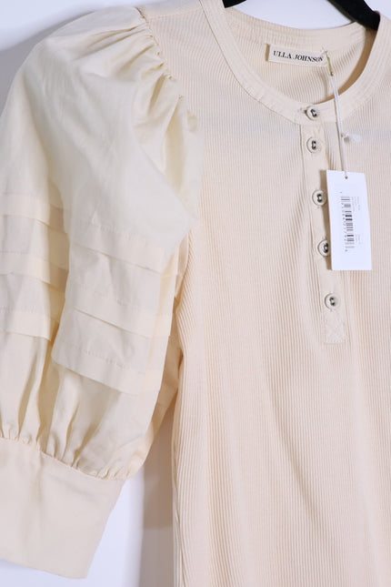 ULLA JOHNSON NWT Iman Poplin Sleeve Top Cream Henley Ribbed Women's P/US 0-00