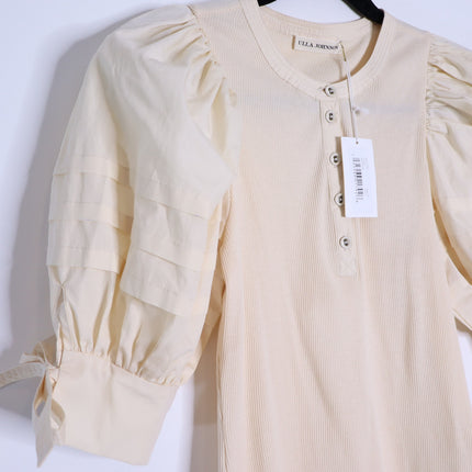 ULLA JOHNSON Iman Poplin Sleeve Top NWT Cream Henley Ribbed Women's P/US 0-00