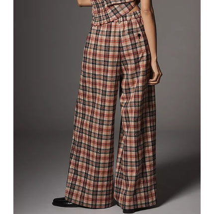 Maeve Avery Sparkle Pleated Wide Leg Trousers Plaid Red Multicolor Women's XS