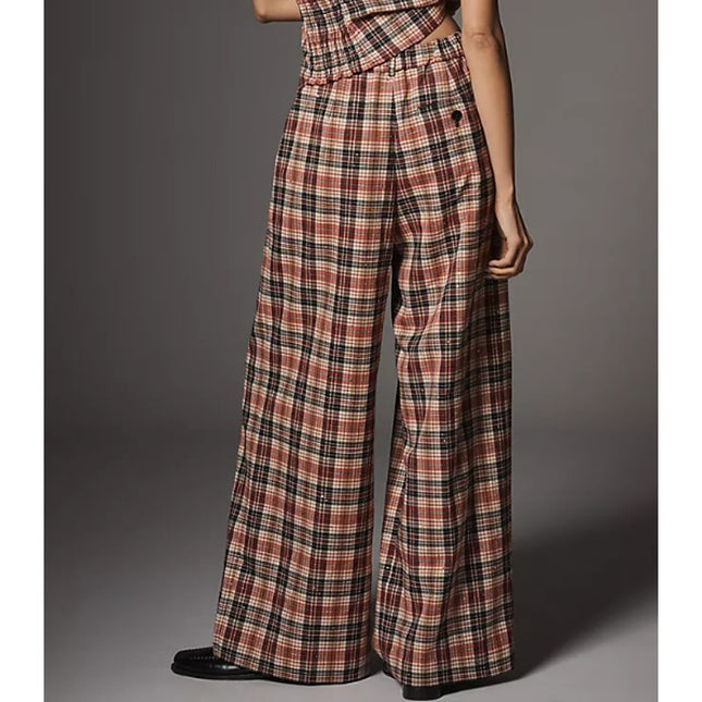 Maeve Avery Sparkle Pleated Wide Leg Trousers Plaid Red Multicolor Women's XS