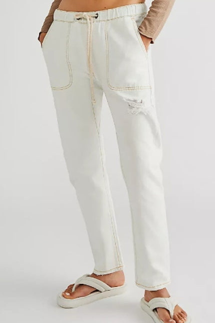 ONE TEASPOON Shabbies Drawstring Jeans White Straight Leg Boyfriend Women's M