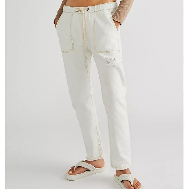 ONE TEASPOON Shabbies Drawstring Jeans White Straight Leg Boyfriend Women's M