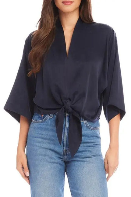 FIFTEEN TWENTY Blouson Tie Front Top Navy NWT Kimono Short Sleeve Women's M
