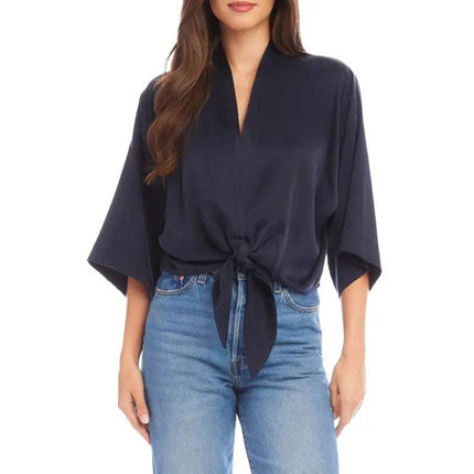 FIFTEEN TWENTY Blouson Tie Front Top Navy NWT Kimono Short Sleeve Women's M