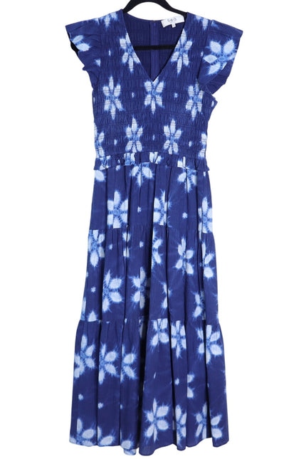 SEA Isla Midi Dress Navy Print Smocked Cotton Peasant Flutter Sleeve Women's 4