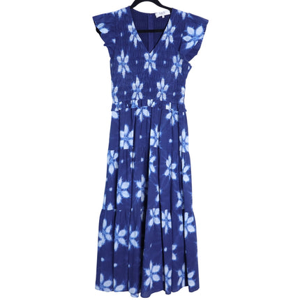 SEA Isla Midi Dress Navy Print Smocked Cotton Peasant Flutter Sleeve Women's 4