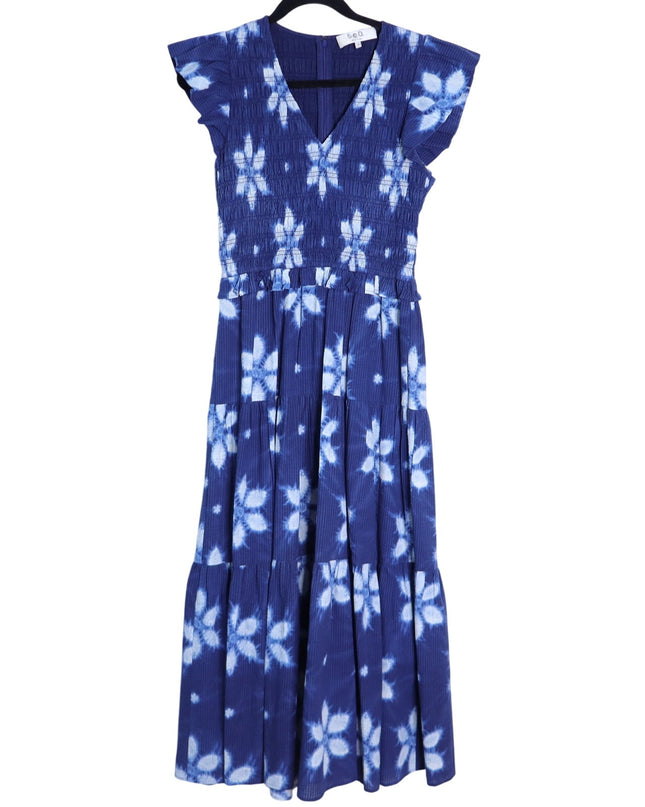 SEA Isla Midi Dress Navy Print Smocked Cotton Peasant Flutter Sleeve Women's 4