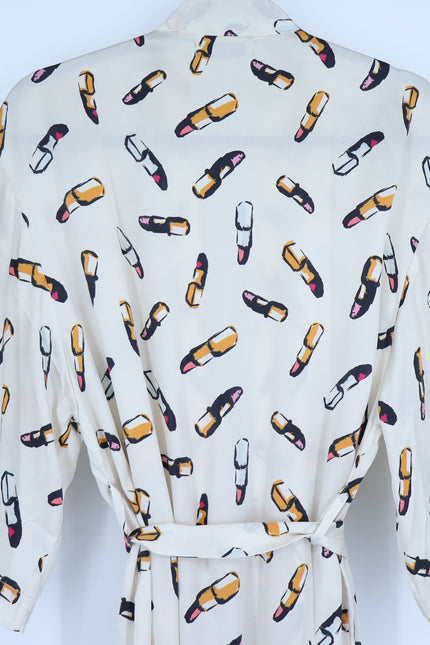 RECLINER Silk Lipstick Print Robe Midi Ivory Loungewear Luxury Satin Women's S