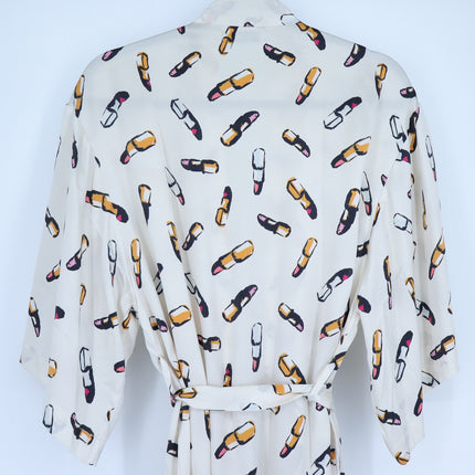 RECLINER Silk Lipstick Print Robe Midi Ivory Loungewear Luxury Satin Women's S