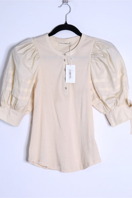 ULLA JOHNSON NWT Iman Poplin Sleeve Top Cream Henley Ribbed Women's P/US 0-00