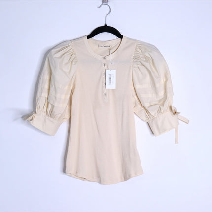 ULLA JOHNSON Iman Poplin Sleeve Top NWT Cream Henley Ribbed Women's P/US 0-00